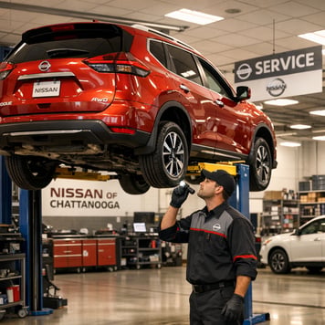 A Nissan service bay at a dealership in Chattanooga with a technician inspecting a Nissan Rogue on a lift clean modern service center clear branding w