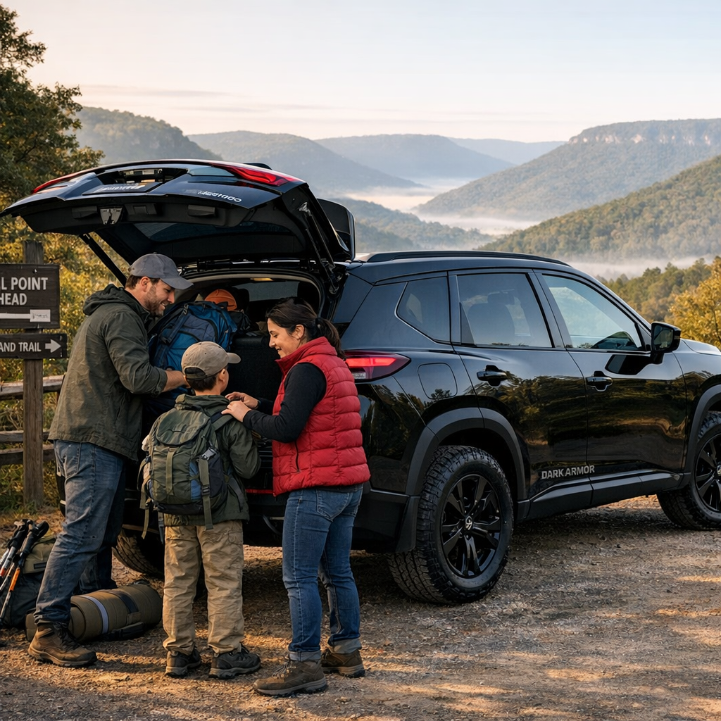 Family loading hiking gear into a 2026 Nissan Rogue Dark Armor at a wooded trailhead near Chattanooga