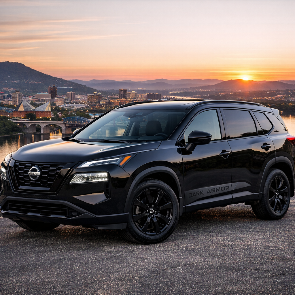 2026 Nissan Rogue Dark Armor in glossy black parked at sunset overlooking downtown Chattanooga and the Tennessee River