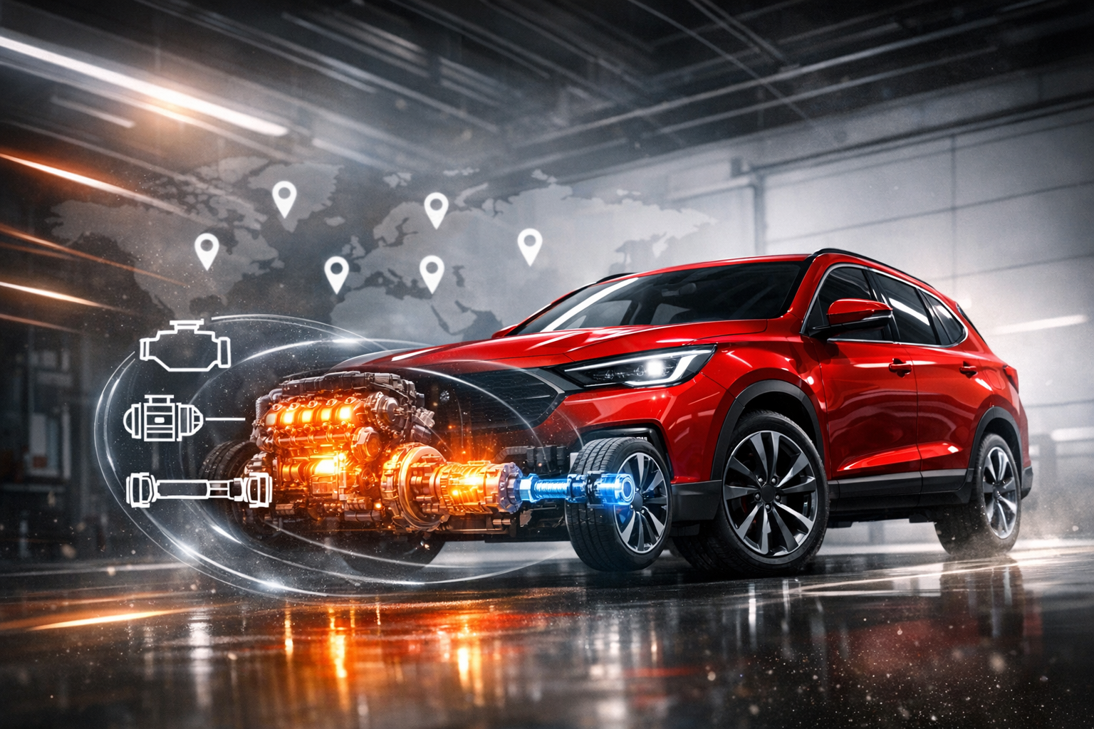 Photorealistic automotive scene: a sleek, modern red mid-size SUV (no logos) in a clean, high-tech service bay. Dynamic three-quarter low-angle view, 